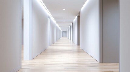 Fototapeta premium Modern school corridor with clean lines, light wooden floors, and blank walls