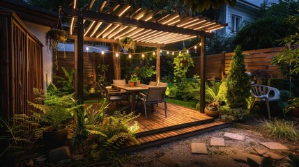 Obraz premium Illuminated Backyard Patio with Pergola