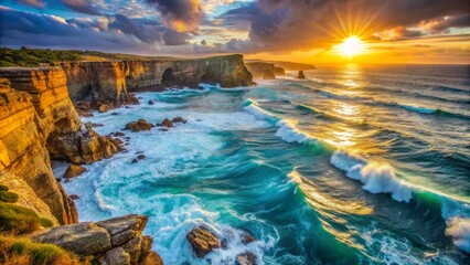 Naklejka premium Serene sunlight casts warm glow on rugged shoreline with crashing waves and majestic rocky formations in the background.