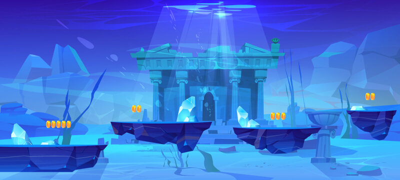 Underwater landscape with antique temple and game platforms. Vector cartoon illustration of sea or ocean bottom, ancient palace with cracked marble pillars, coins on floating arcade islands, seaweeds
