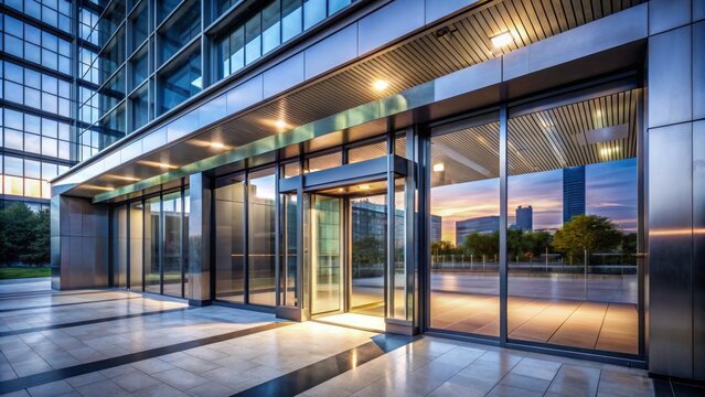 Modern silver automatic sliding door gate with electric motor and sensors opening to a sleek dark glass building facade.