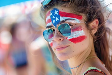 Naklejka premium A woman with the American flag painted on her face at an outdoor festival
