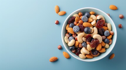 Bowl of mixed nuts and berries on a blue background, including almonds, cashews, hazelnuts, blueberries, and cranberries.