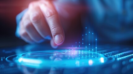 Close-up of a hand interacting with futuristic digital interface technology, showcasing innovation and data visualization.
