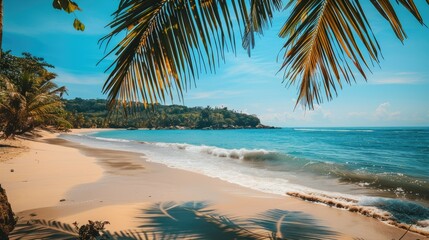 Fototapeta premium Tropical Beach Landscape with Palm Fronds