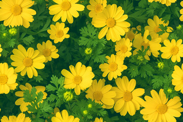 Cheerful yellow flowers pattern with dense green leaves, creating a sunny and happy garden-like atmosphere.