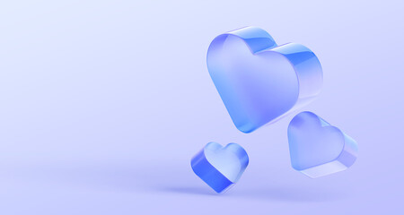 Valentines day 3d background with glass morphism heart render icons. Love banner with flying translucent blue glossy ice crystal shapes, romantic transparent gradient light symbols. 3D illustration