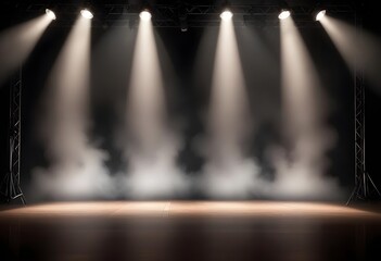 Empty stage with spotlights and smoke banner background with copy space