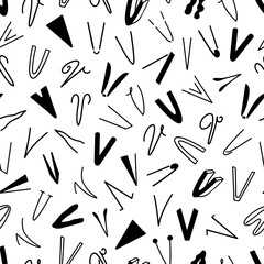 Black and white seamless pattern with the letter V in various styles, hand lettering