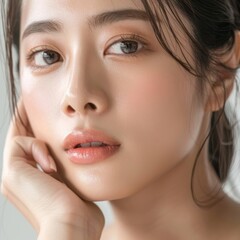 Fototapeta premium Beautiful Young Asian Girl with Natural Korean Makeup Touching Her Face, Featuring Healthy Perfect Skin, Blue Background, Ideal for Commercial Ads on Facial and Skincare Concepts, Beauty Industry, AI-