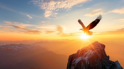 Majestic bald eagle soaring the sky above high rocky mountain in the evening or morning
