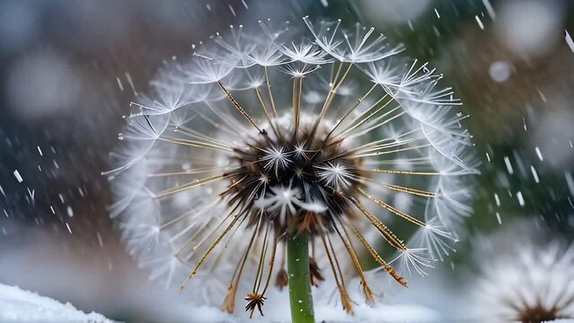 Close-up of a dandelion seed head with delicate white seeds radiating from the center, against a blurred background.