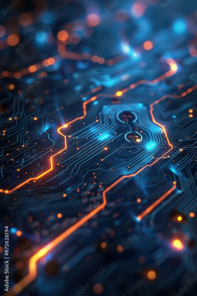 Poster abstract futuristic circuit board with glowing lines and ample space for copy, ideal for tech and in