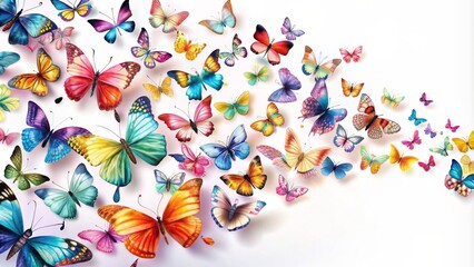 Delicate colorful paper butterflies appear to flutter and soar in unison, creating a mesmerizing illusion of gentle flight on a pure white background.