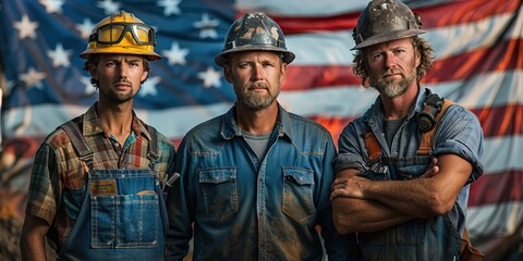 Fototapeta premium Three construction workers in front of US flag