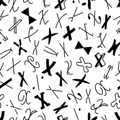 Black and white seamless pattern with the letter X in various styles, hand lettering
