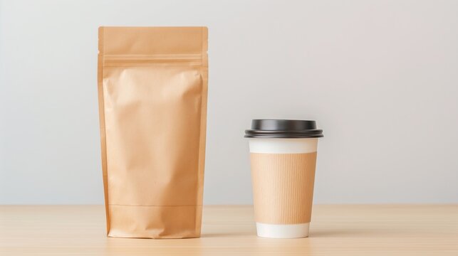 Brown paper coffee bag and disposable coffee cup on wooden table.