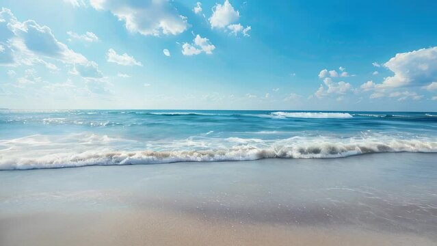 Clear ocean waves gently crashing onto sandy beach under blue sky with scattered clouds