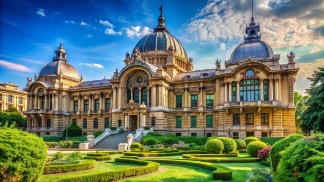 Majestic Gothic-Renaissance-style CEC Palace in Bucharest Romania stands tall amidst lush greenery under clear blue sky with intricate architecture.