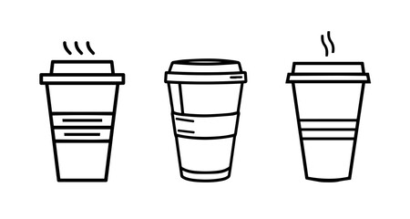 Three coffee cups in line, simple black outlines, hot steam