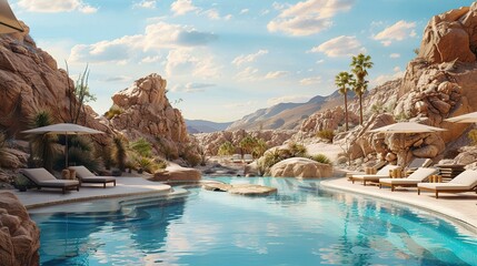Luxurious swimming pool in a desert landscape.
