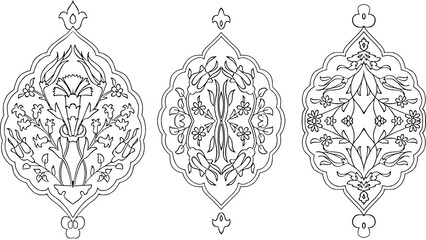 3 Ottoman Islamic Art Intricate Floral Arabesque pattern ,coloring page , ceramic , textile seamless pattern , ornamental art