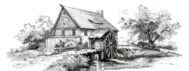 The old watermill, Sketch illustration.