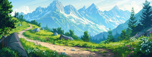 Fototapeta premium A path in the mountains. Cartoon illustration.
