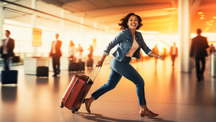 A woman rushes to the plane at the airport.