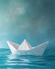 Whimsical paper boat on a blue background with ample space for text, perfect for adventure and exploration themes
