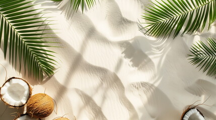 Coconuts and palm leaves lying on a bright, shadow-casted white sandy beach. Summer, vacation, relaxation, travel background. Top view.