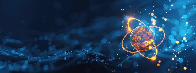 Hologram of digital abstract 3d structure of atom with a nucleus and electrons.