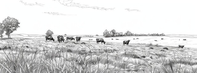 Landscape on a summer agricultural field with cows in a pasture. Sketch illustration.