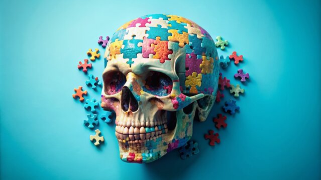 Vibrant pastel blue backdrop features a fragmented human cranium composed of multicolored jigsaw puzzle pieces, symbolizing complex mental constructs.