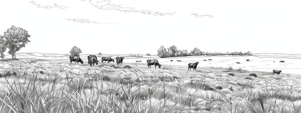 Landscape on a summer agricultural field with cows in a pasture. Sketch illustration.