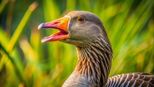 Close-up of a Greylag Goose's head, beak open, tongue visible, feathers ruffled, intense gaze, amidst lush green foliage background.