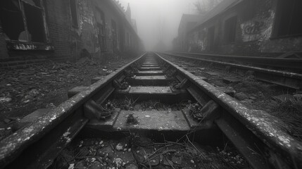 Naklejka premium Abandoned Railway Tracks in Foggy Urban Area - Generative AI