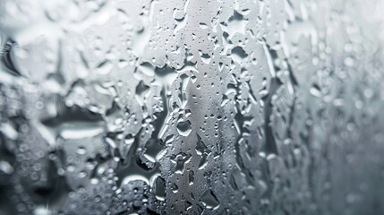 Close-up of raindrops forming on the glass window. Gray tone.