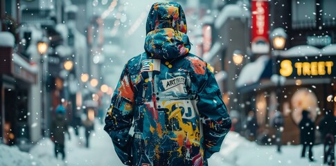 Naklejka premium Person Wearing A Street Art Patterned Jacket In Snow
