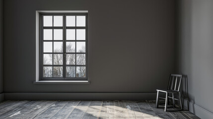 Fototapeta premium Large window in an empty luxurious room with minimal furniture and decor. Interiors designer composition for Real Estate advertising.