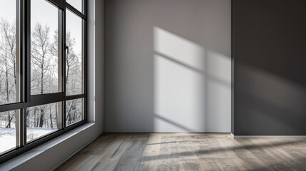 Large window in an empty luxurious room with minimal furniture and decor. Interiors designer composition for Real Estate advertising.