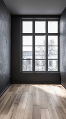Fototapeta premium Large window in an empty luxurious room with minimal furniture and decor. Interiors designer composition for Real Estate advertising.