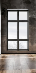 Fototapeta premium Large window in an empty luxurious room with minimal furniture and decor. Interiors designer composition for Real Estate advertising.