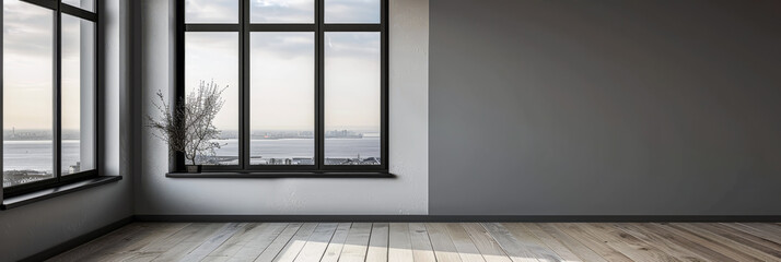 Large window in an empty luxurious room with minimal furniture and decor. Interiors designer composition for Real Estate advertising.