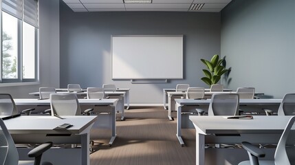 Presentation room featuring modern desks, sleek chairs, and a clean whiteboard