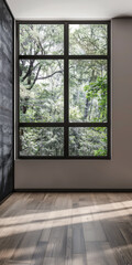 Fototapeta premium Large window in an empty luxurious room with minimal furniture and decor. Interiors designer composition for Real Estate advertising.