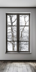 Fototapeta premium Large window in an empty luxurious room with minimal furniture and decor. Interiors designer composition for Real Estate advertising.