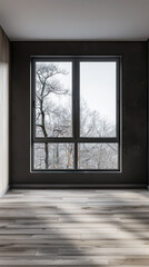 Obraz premium Large window in an empty luxurious room with minimal furniture and decor. Interiors designer composition for Real Estate advertising.