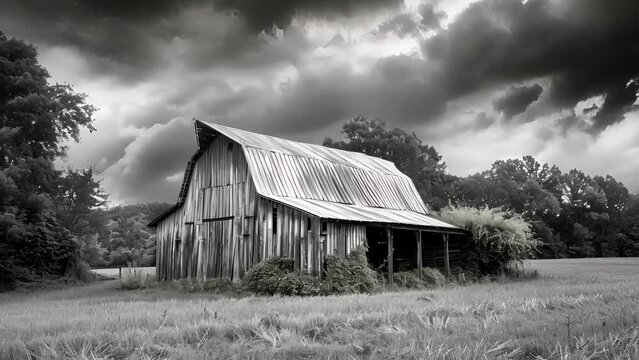 Sitting at the edge of a lush green field the old barn stands as a silent witness to the passing of time. Black and white art