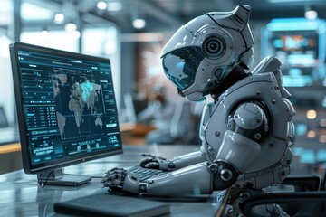 Fototapeta premium A 3D rendering of a humanoid character with the head of a dog, working on a computer in a high-tech office. The character is dressed in casual work attire and is focused on the screen. The office is